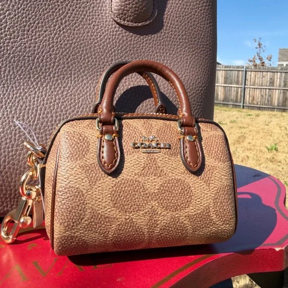 Coach Micro Rowan Bag Charm Signature Canvas Keychain Brown Mini Satchel NEW - Picture 3 of 5